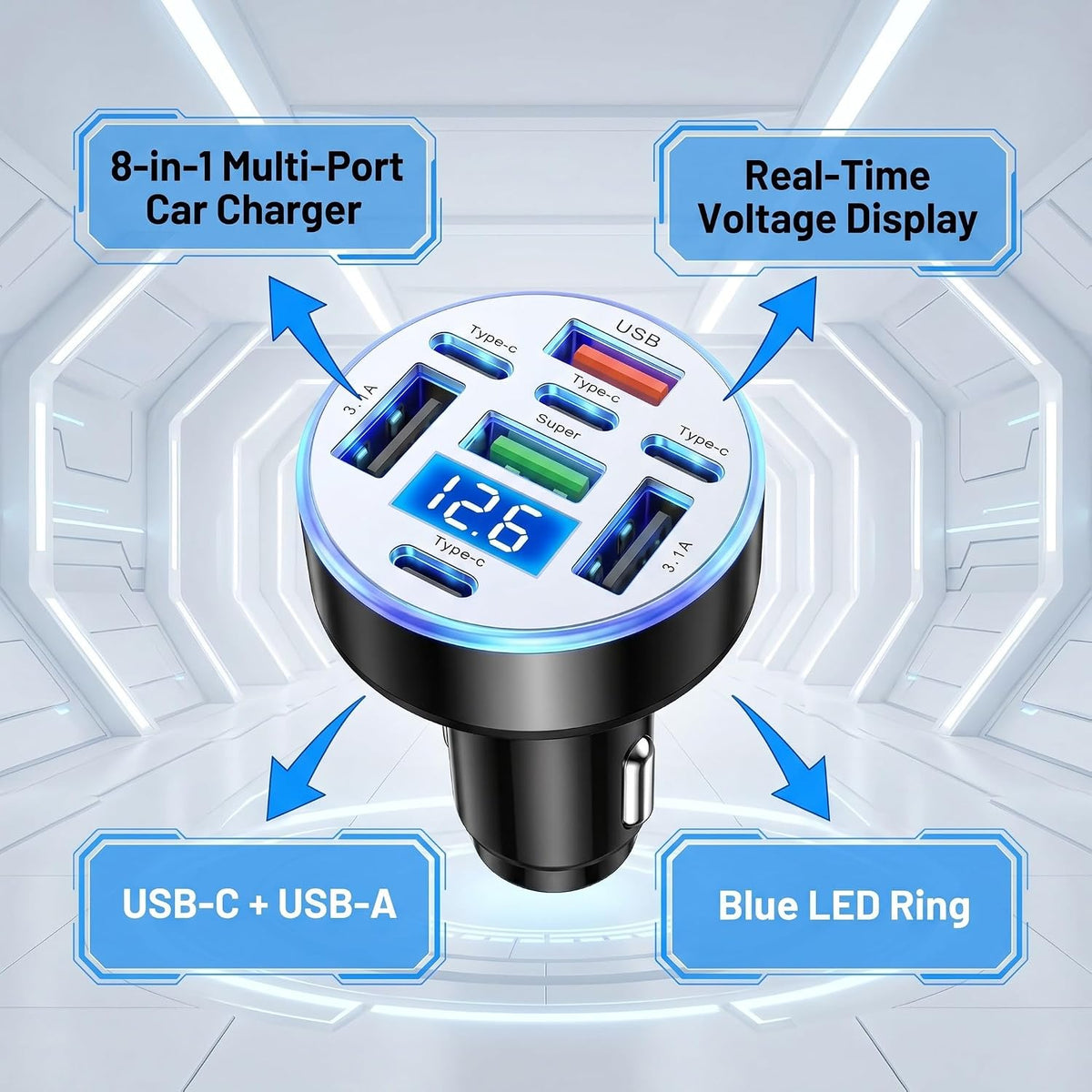 8 Port USB C Car Charger with Real-Time Voltage Display, Multi Port 12V/24V Cigarette Lighter USB C & USB A Charger Adapter, Fast Charging with Blue LED for iPhone, Samsung, iPad, Tablets