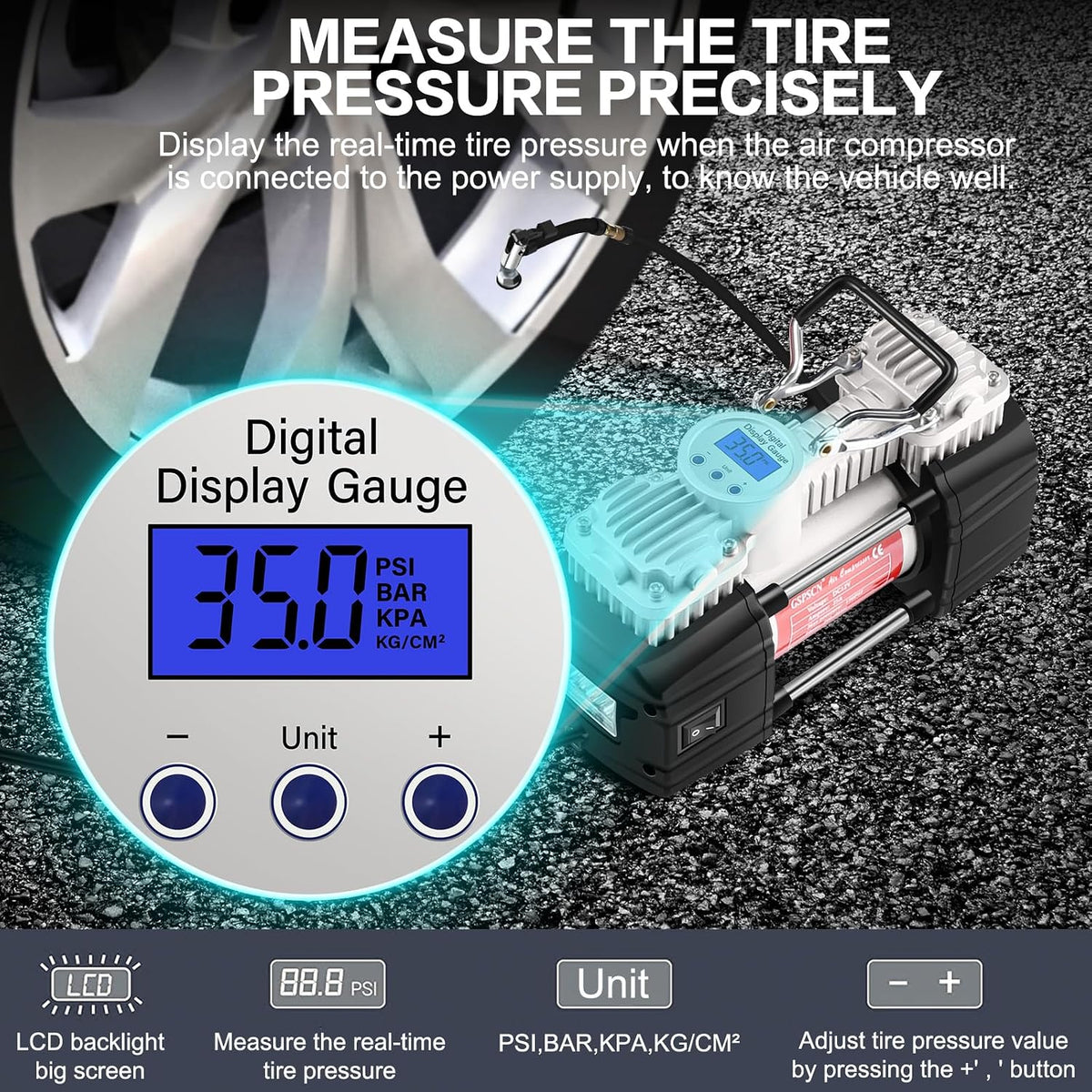 GSPSCN Digital Portable Tire Inflator Heavy Duty 12V Air Compressor Pump