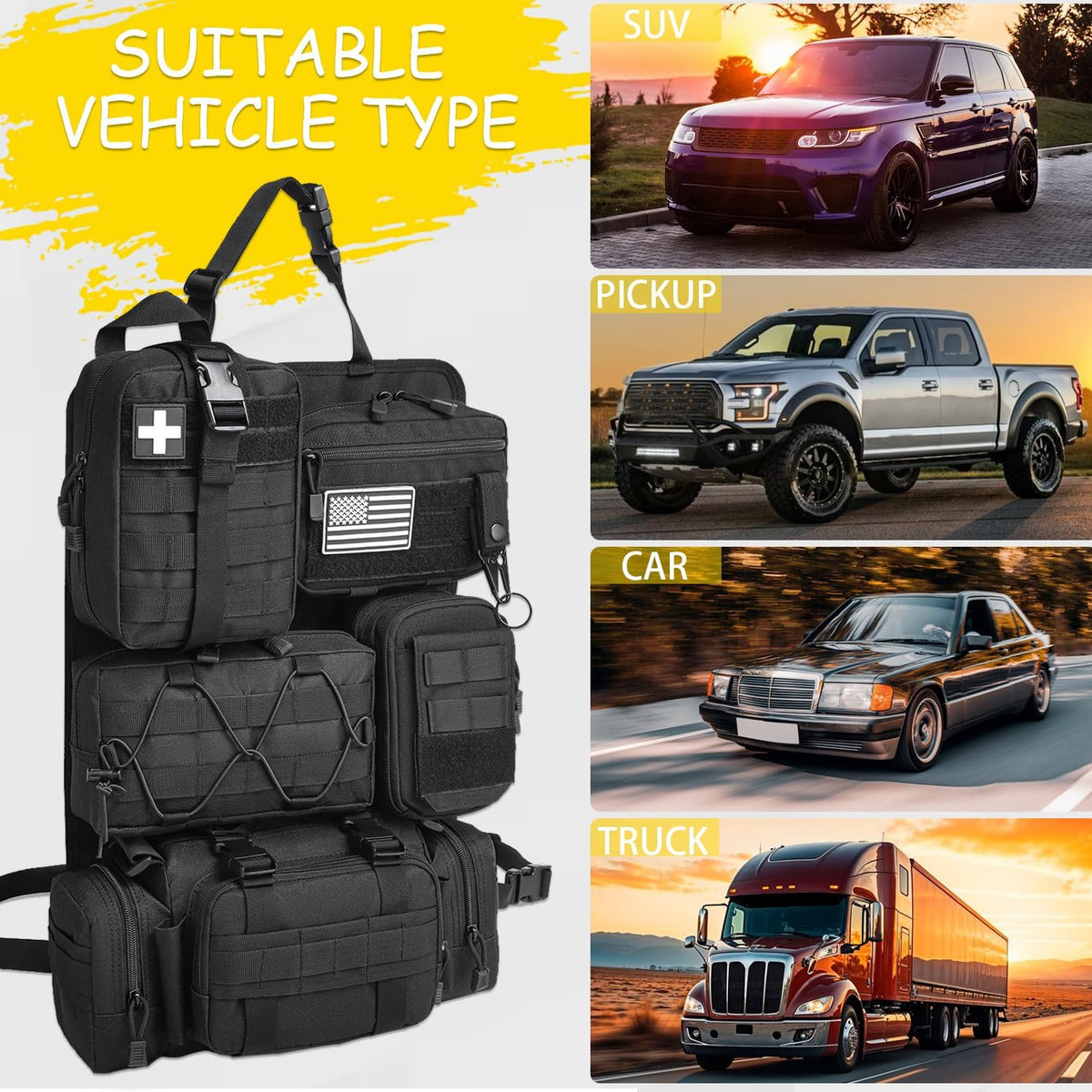 Tactical Car Seat Back Organizer, 2025 Upgrade Tactical Vehicle Panel Organizer with 5 Detachable Molle Pouch for Car Truck Ford Jeep Vehicle