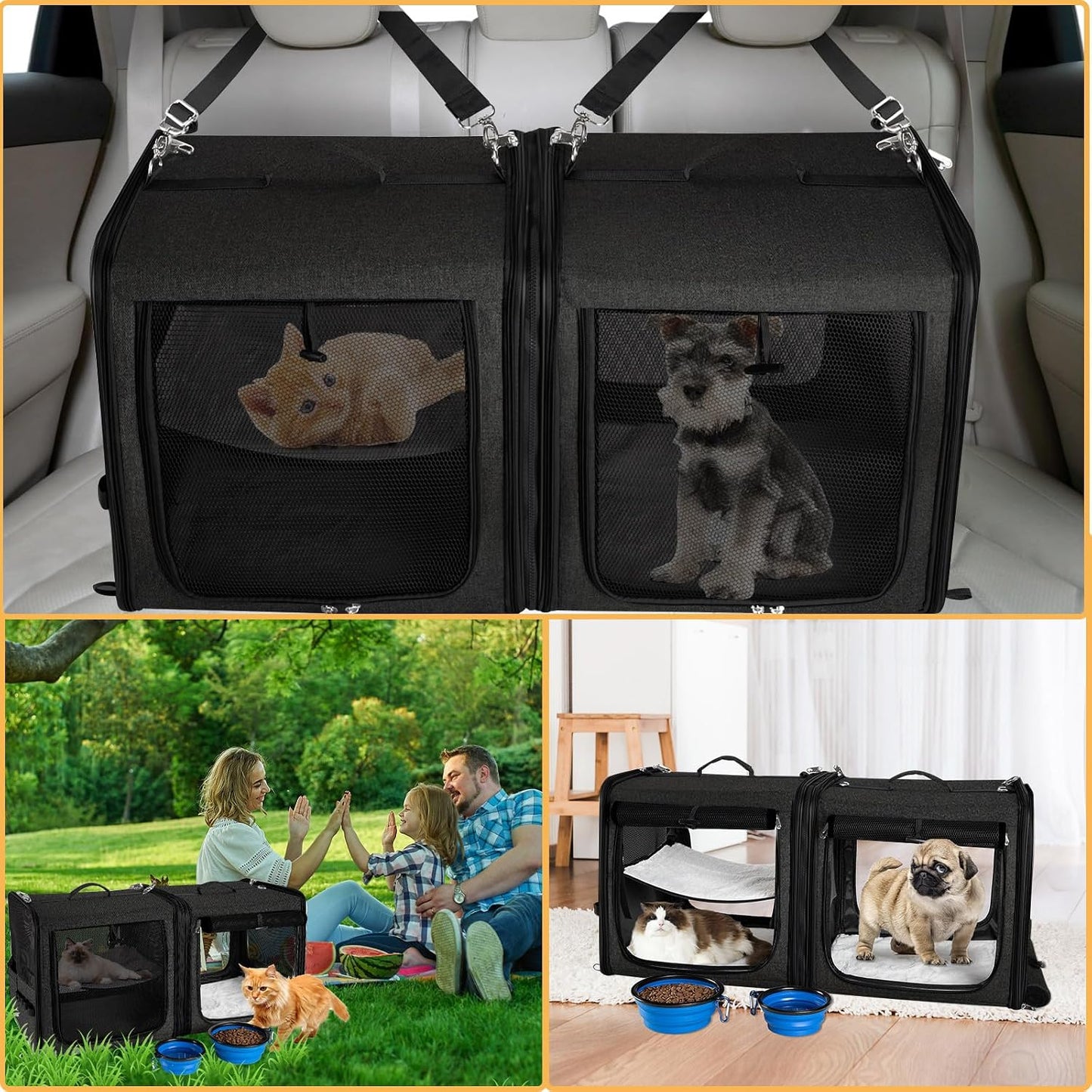 Extra Large Cat Carrier for 2 Cats with Travel Litter Box, 2-in-1 Foldable Soft Pet Car Travel Carrier with Zipper Locks for Multiple Cats Small Dogs Up to 45 Lbs, Black