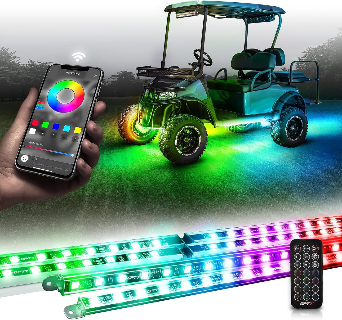 OPT7 Aura DreamColor 12V Golf Cart Underglow Chasing Light w/APP & Remote | Waterproof Rigid Aluminum Case, RGB-IC LED Bar, Sound Sync Lighting, Outdoor Accent Lights, EZGO Yamaha Club Car Accessories