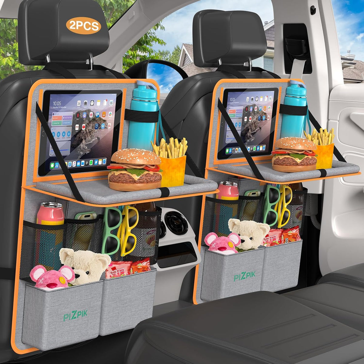Plzpik Car Backseat Organizer with Tablet Holder,11 Storage Pockets with Foldable Food Tray, Protector Kick Mats for Kids, Travel Accessories Organizer (Orange, 2Pack)