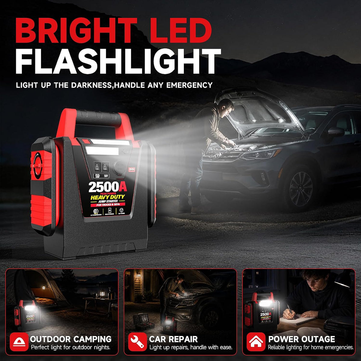 2500A Peak Car Jump Starter with 150PSI Air Compressor, 12V Battery Jump Box for Car, Truck, SUV (Up to 8.0L Gas/Diesel Engines), 20000mAh Portable Power Pack with DC/USB, 500LM Work Light