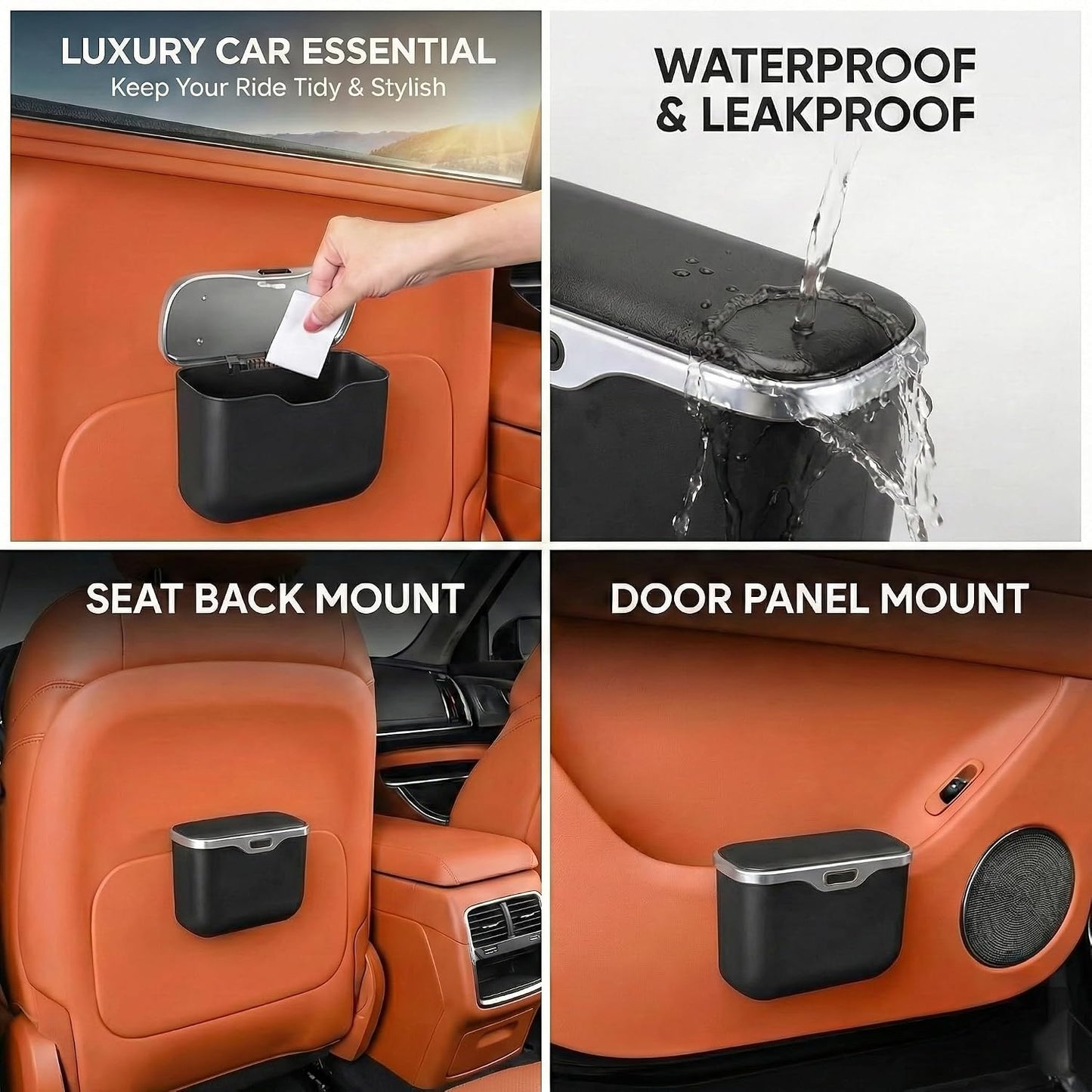 Car Trash Can with Lid - Leakproof Hanging Car Garbage Bin for Door & Seat Back - Waterproof Auto Trash Bag & Multifunctional Storage Organizer for SUV, Truck, Sedan (Black)