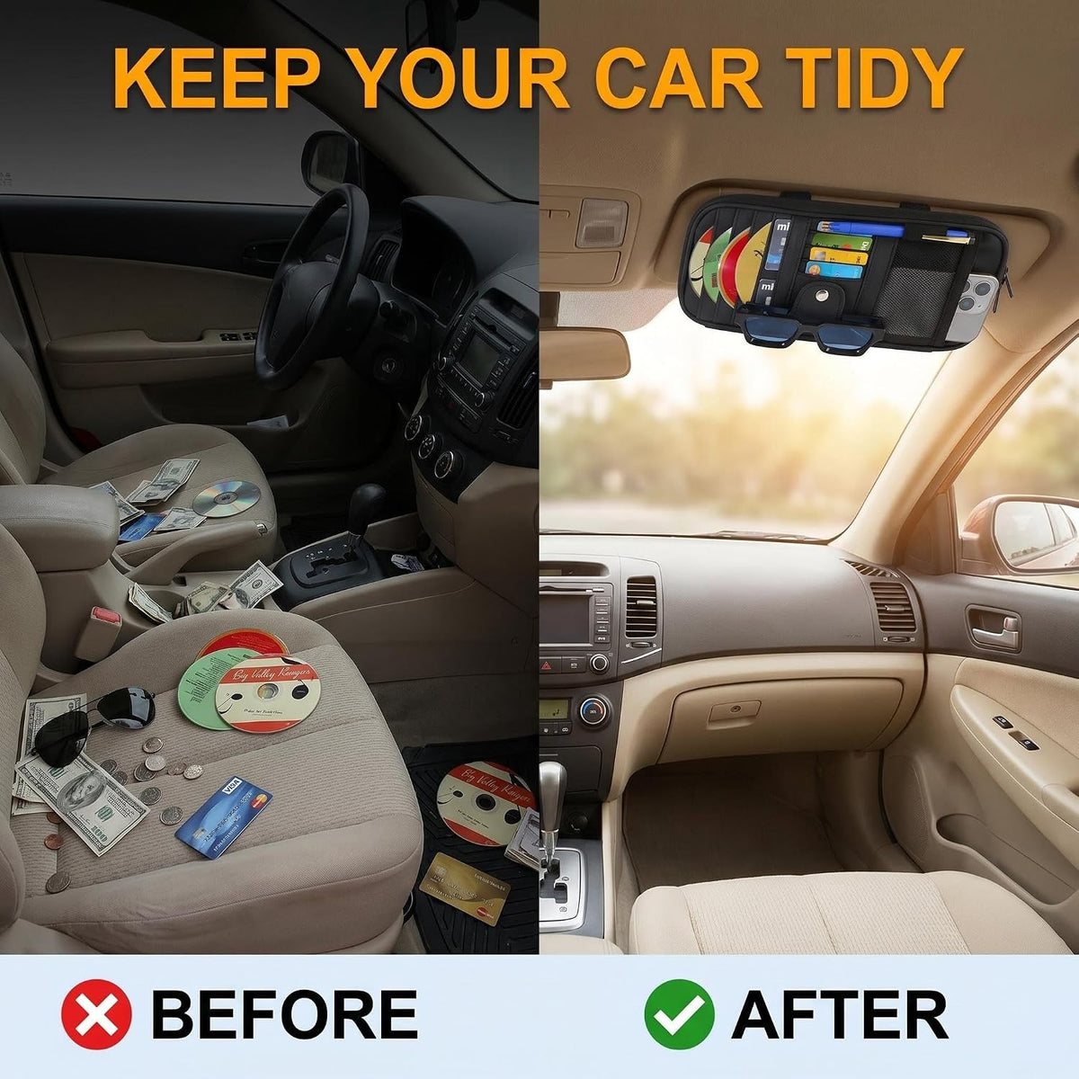 Car Visor Organizer,Car CD Case Holder,Leather Multi-Pocket Organizer Storage Bag for Car/SUV/Truck with 13 DVD Storage Sleeves,Sunglass Clip,Card Holder,Pen Holder,Visor Accessories,Car Organizer