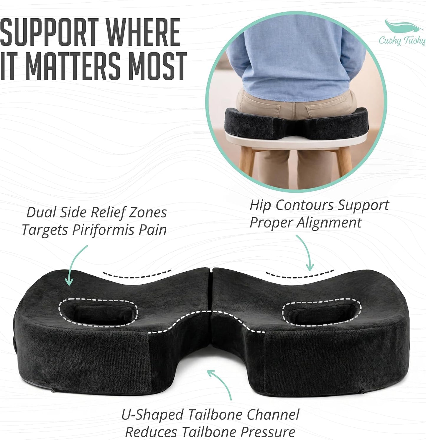 Cushy Tushy Premium Foldable Piriformis Seat Cushion - Piriformis Pain and Sciatic Pain Relief Cushion - for Home & Office Use, Perfect for Travel or Driving