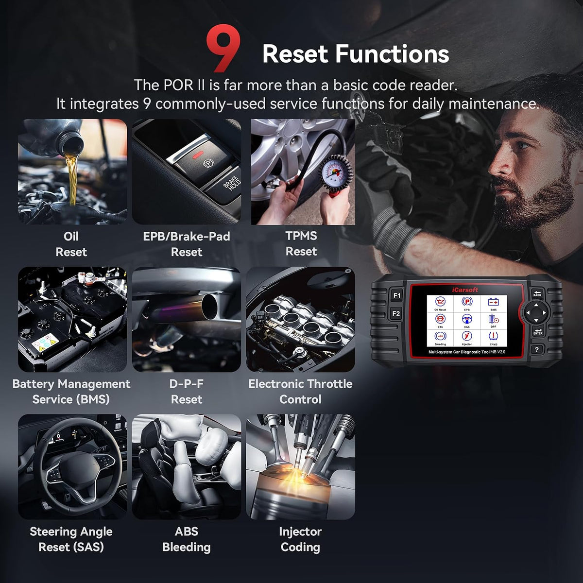 iCarsoft MB V2.0 Full System Diagnostic Scan Tool for Most Mercedes Benz from 1996-Present OBD2 Scanner 9 Reset AutoVIN Free Update Car Code Reader with Battery Test CAN FD 15 Languages Plug-and-Play