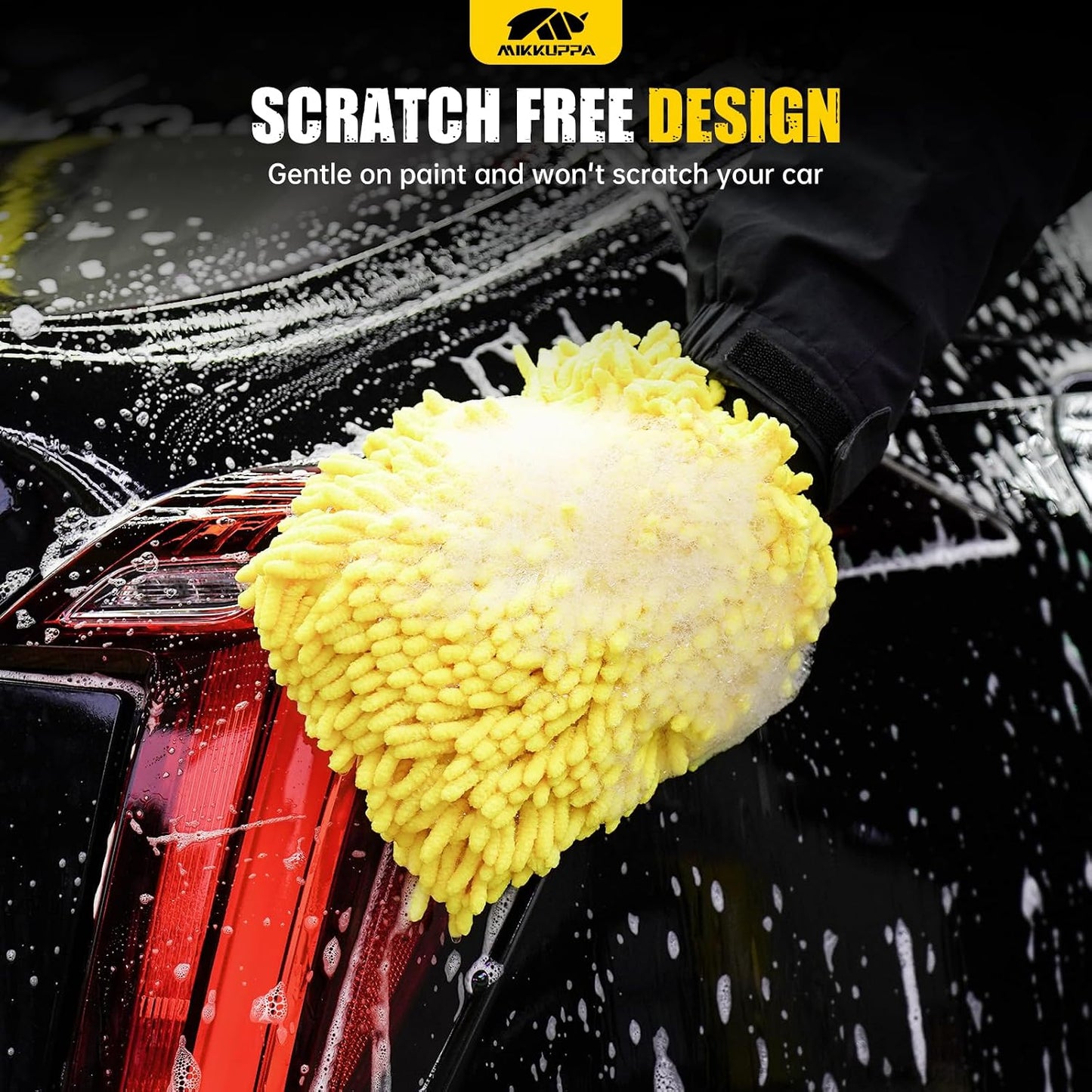MIKKUPPA Car Trunk Organizer & Car Wash Mitt - 65L Collapsible Black Trunk Organizer with Lid, Yellow & Gray Double-Sided Chenille Scratch Free Mitt with Waterproof Inner