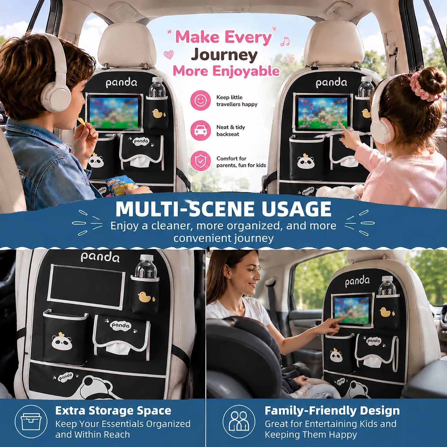 YUNZLAN Cute Panda Leather Car Backseat Organizer 1 Pack Car Seat Back Protectors with Clear 10" Tablet Holder + 4 Storage Pockets