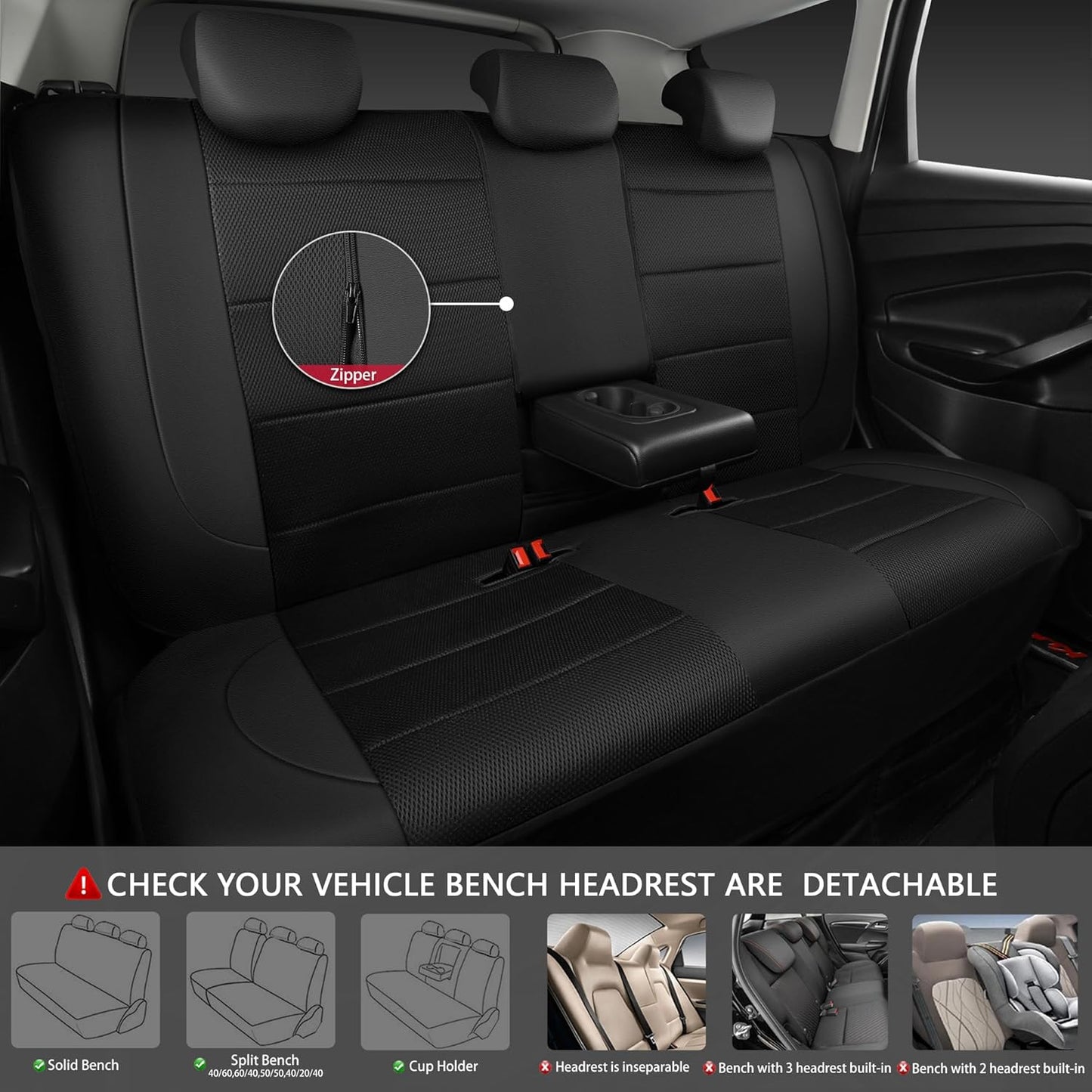 CAR PASS Leather Back Seat Cover, Breathable Mesh Universal Bench Seat Cover, Super 5mm Composite Sponge Inside, Airbag Compatible Fits Most Automotive, Cars, SUVs, Trucks, and Vans (Rear, Black)