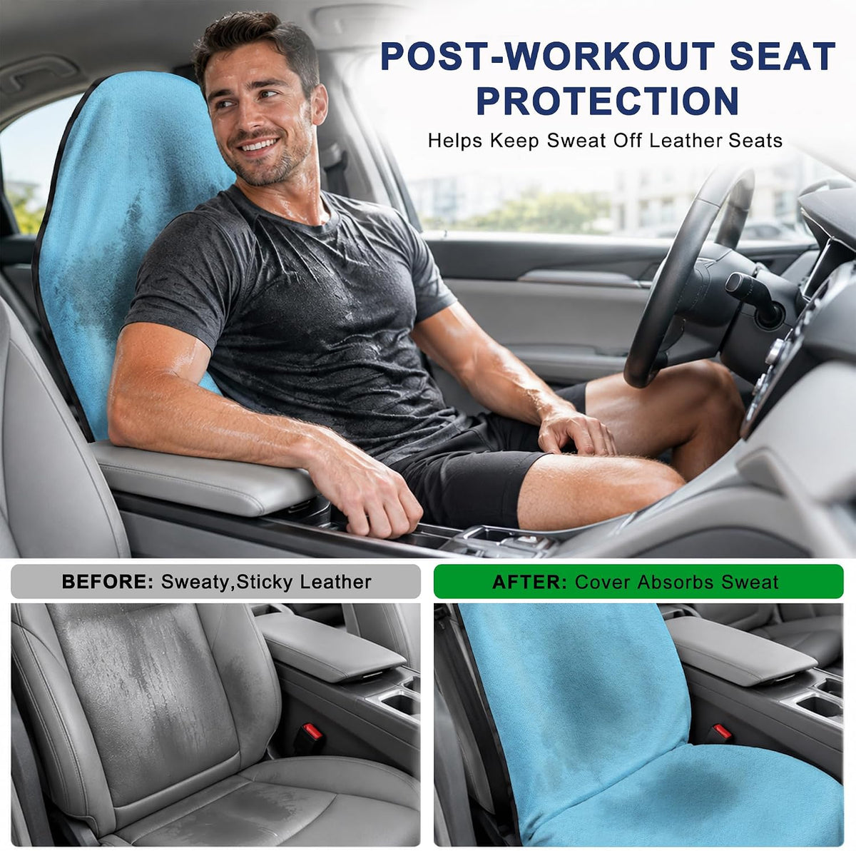 Car Seat Towel Cover 2 Pack for Front Seats, Sweat Absorbent Car Seat Protector with Non-Slip Backing, Waterproof Towel Car Seat Covers for Runners, Gym, Swimming, Beach, Pets, Sky Blue