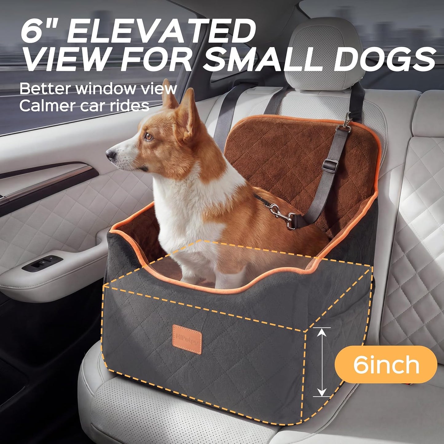 HiPetpy Dog Car Seat 6" Elevated Memory Foam Booster Seat for Small Medium Dogs Under 35 lbs with Pet Blanket, Washable Pet Car Seat with Safety Leash, Anti-Slip Base and Storage Pockets