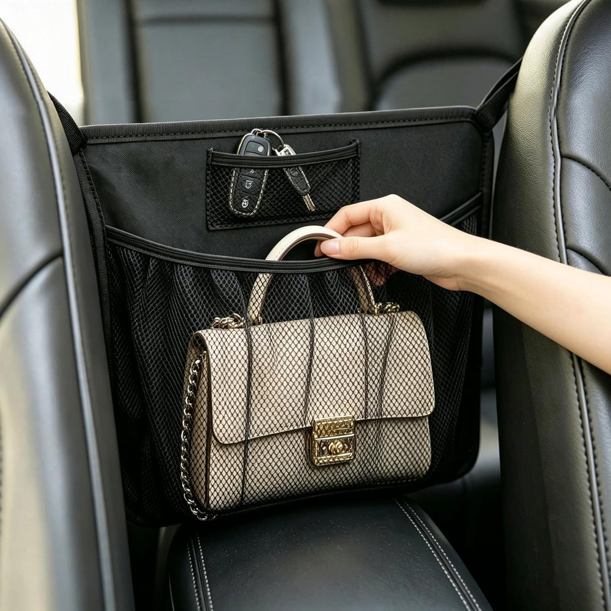 Car Purse Holder Between Seats, PU Leather Mesh Organizer with Cup Holder