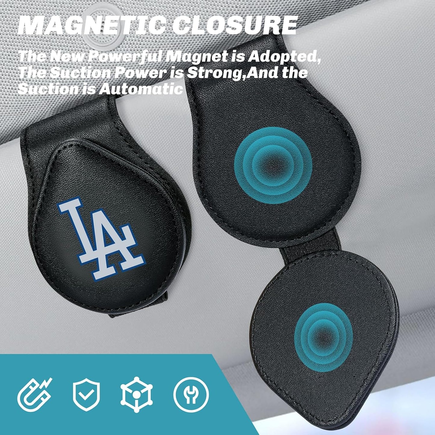 for MLB Los Angeles Dodgers Car Visor Sunglass Holder - Black Leather Eyeglass Case with Team Logo, Clip-On Sun Visor Organizer for Auto Interior, LA Dodgers Gifts