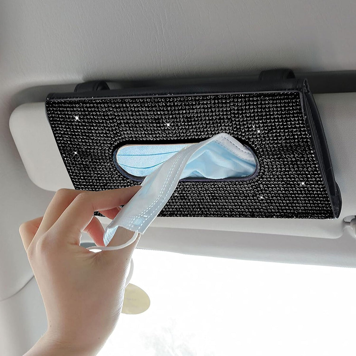 Unifizz Car Tissue Holder Sparkling Bling Car Visor Tissue Holder Mask Holder Tissue Box PU Leather Crystals Tissue Case Car Backseat Tissue Dispenser Bling Car Accessories for Women (Black)