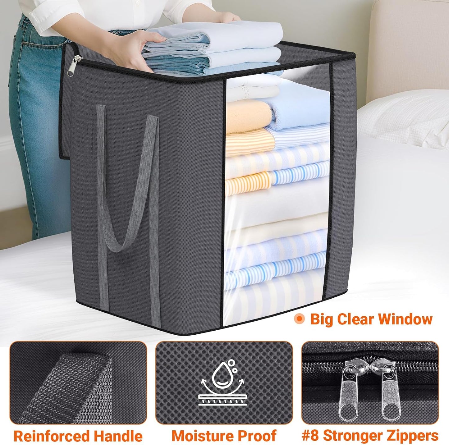 TasticTotes 120L Extra Large Clothes Storage Bags, Foldable Blanket Storage and Organization, Thick Fabric Containers with Reinforced Handles &amp; Zippers for Clothing, Comforters, Bedding, Gray, 1 Pack