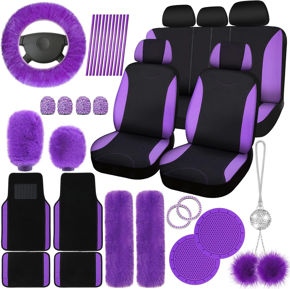 Woanger 47 Car Seat Cover Full Set Car Accessories for Women, Purple Black