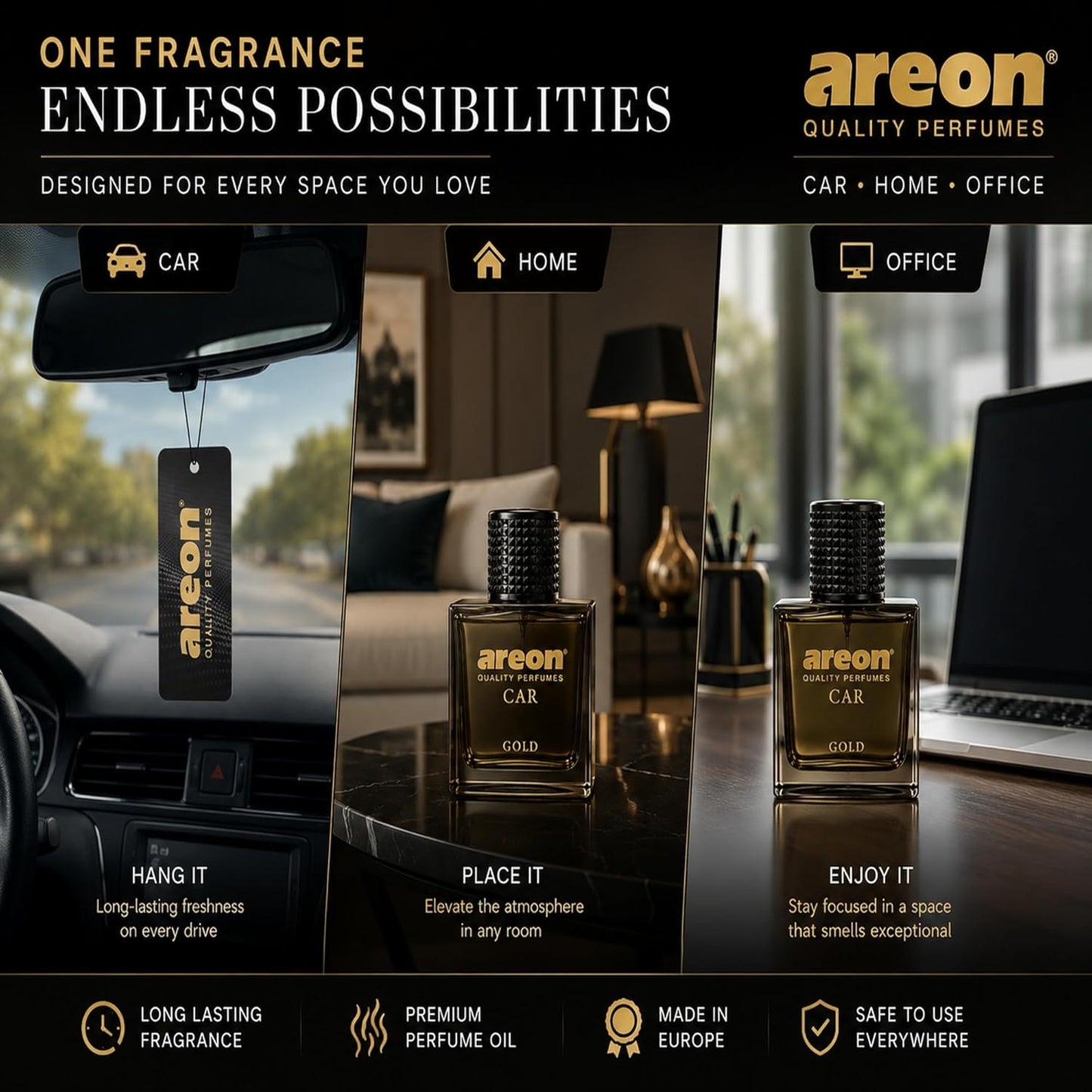 AREON Car Perfume Gold - Air Freshener in Glass Bottle - Luxury Odor Eliminator Spray with Absorber Hanging Pad - Unique Fragrance & Long-Lasting Aroma for Vehicle, Office, Home - Made in Europe, 50ml