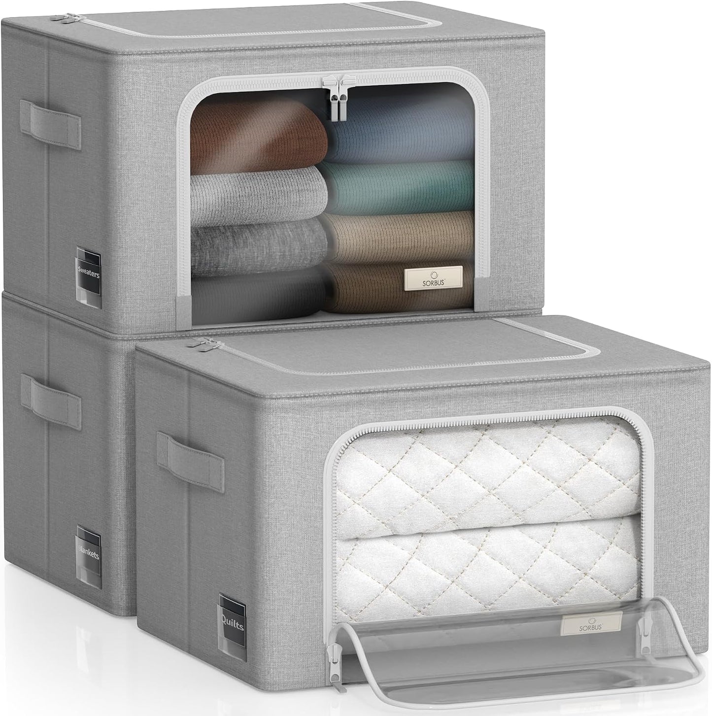 Sorbus Storage Bins with Metal Frame - Stackable &amp; Foldable Clothes Organizer Bags - Oxford Fabric Storage Containers with Large Clear Window &amp; Carry Handles Organization for Bedding Linen &amp; Clothing