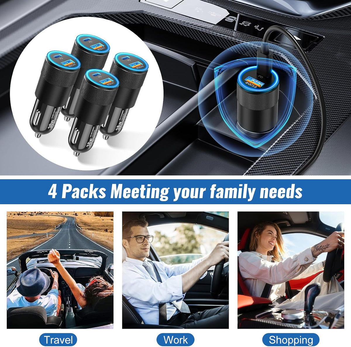 Car Chargers, Dual Ports USB C & USB-A Cigarette Lighter Adapter Multipack,