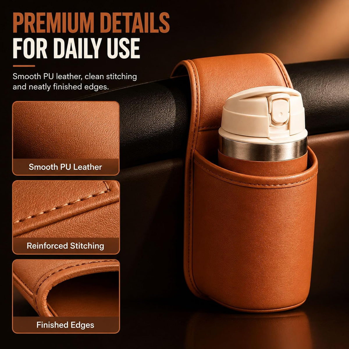 2027 Leather Car Door Cup Holder for Window, Wide-Mouth Organizer for Drinks & Phone (2Orange)
