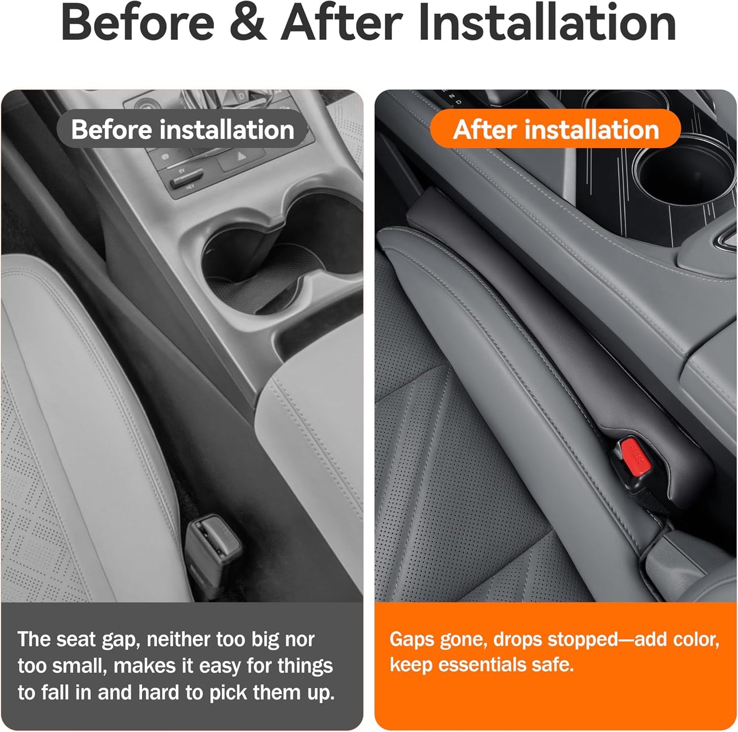 Car Seat Gap Filler 2 Pack, Faux Leather Strip/Plug Console Blockers for Cars, Trucks, SUVs, Adjustable Width 1.4–2.4 Inch, Universal Fit Prevents Items Falling Between Seats