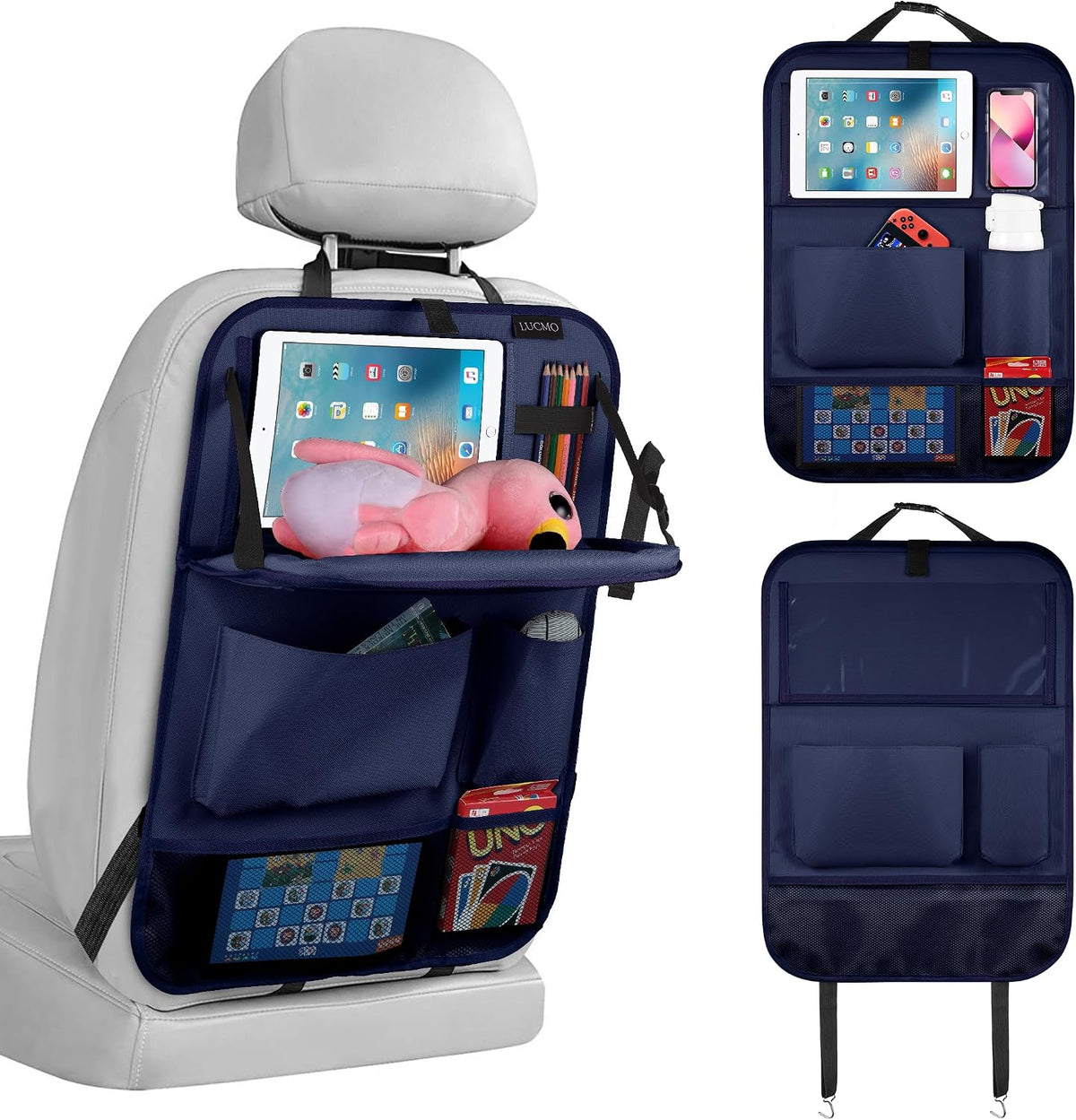 LUCMO Car Backseat Organizer with Foldable Tablet Holder, Dark Blue