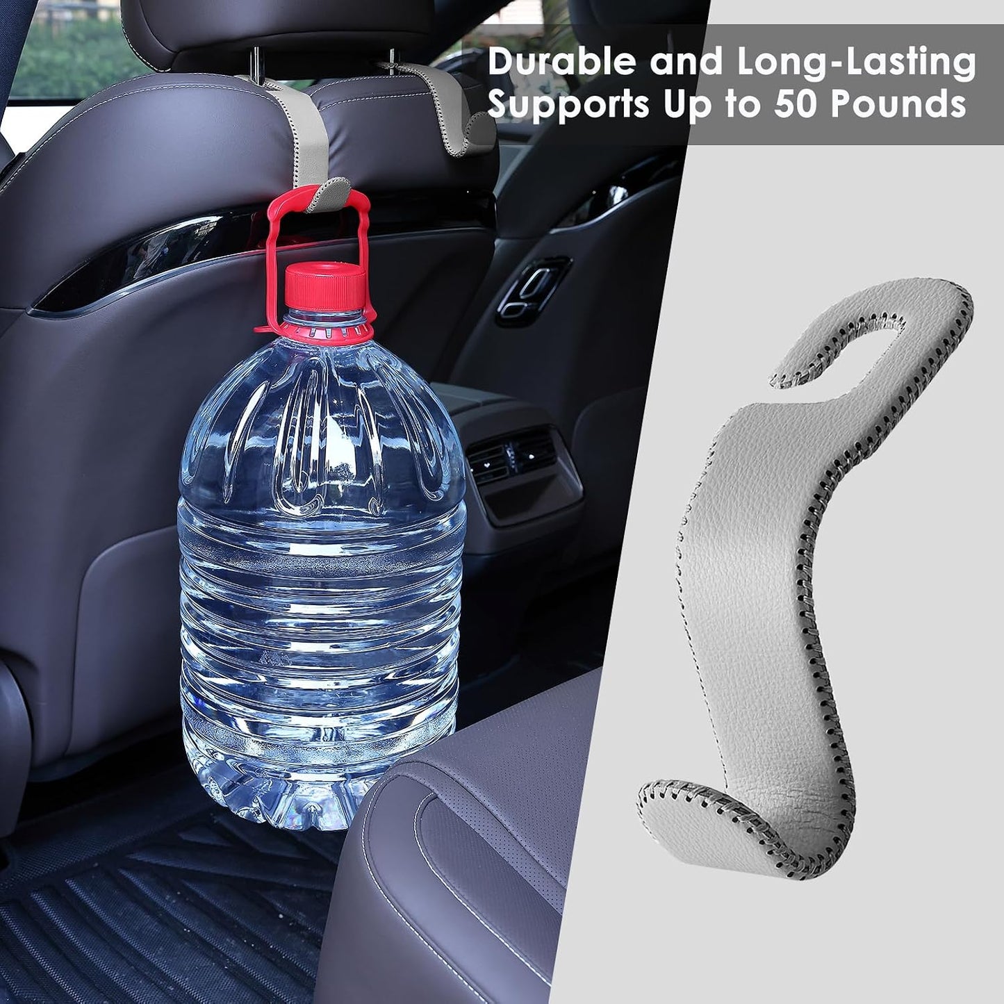 AMVOYOA Leather Car Seat Hooks - U-Shaped Purse Holder for Car, Fully Leather-Wrapped Headrest Hooks for Purses, Bags & Coats, Durable Seat Back Organizer for Travel & Daily Use (Gray, 2 Pack)