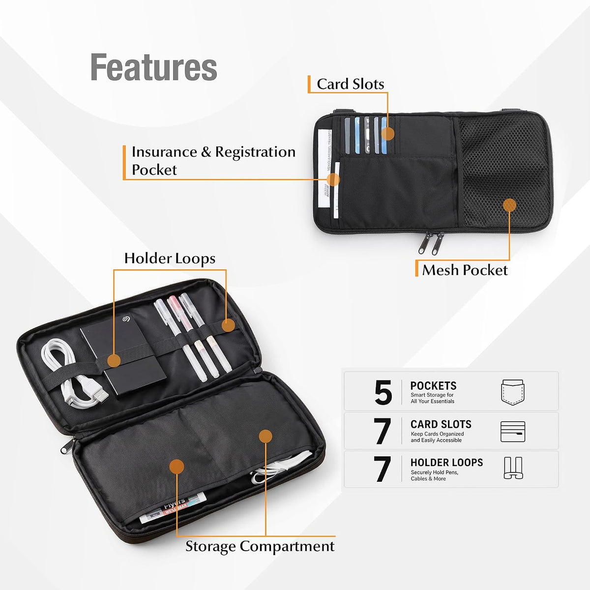 Car Visor Organizer – Non-Sag Adjustable Straps – Nylon Sun Visor Storage Pouch with Card Holders, Pen Slots & Mesh Pockets – Universal Fit for Most Cars, Trucks & SUVs