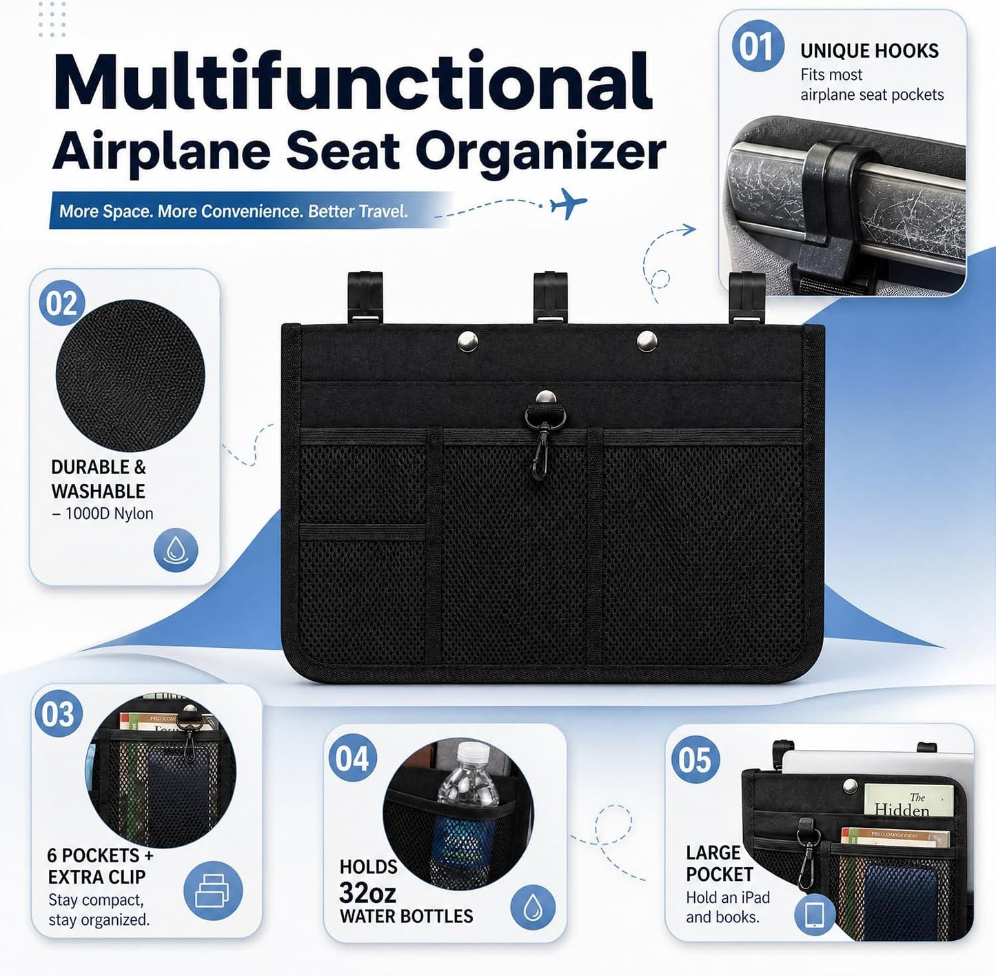 Airplane Seat Organizer Clips onto Airplane Seat Pocket - Travel Essentials Seat Storage Organizer - Seatback Organizer Bag International Trip Accessories Must Haves (15 x 9 Inches)