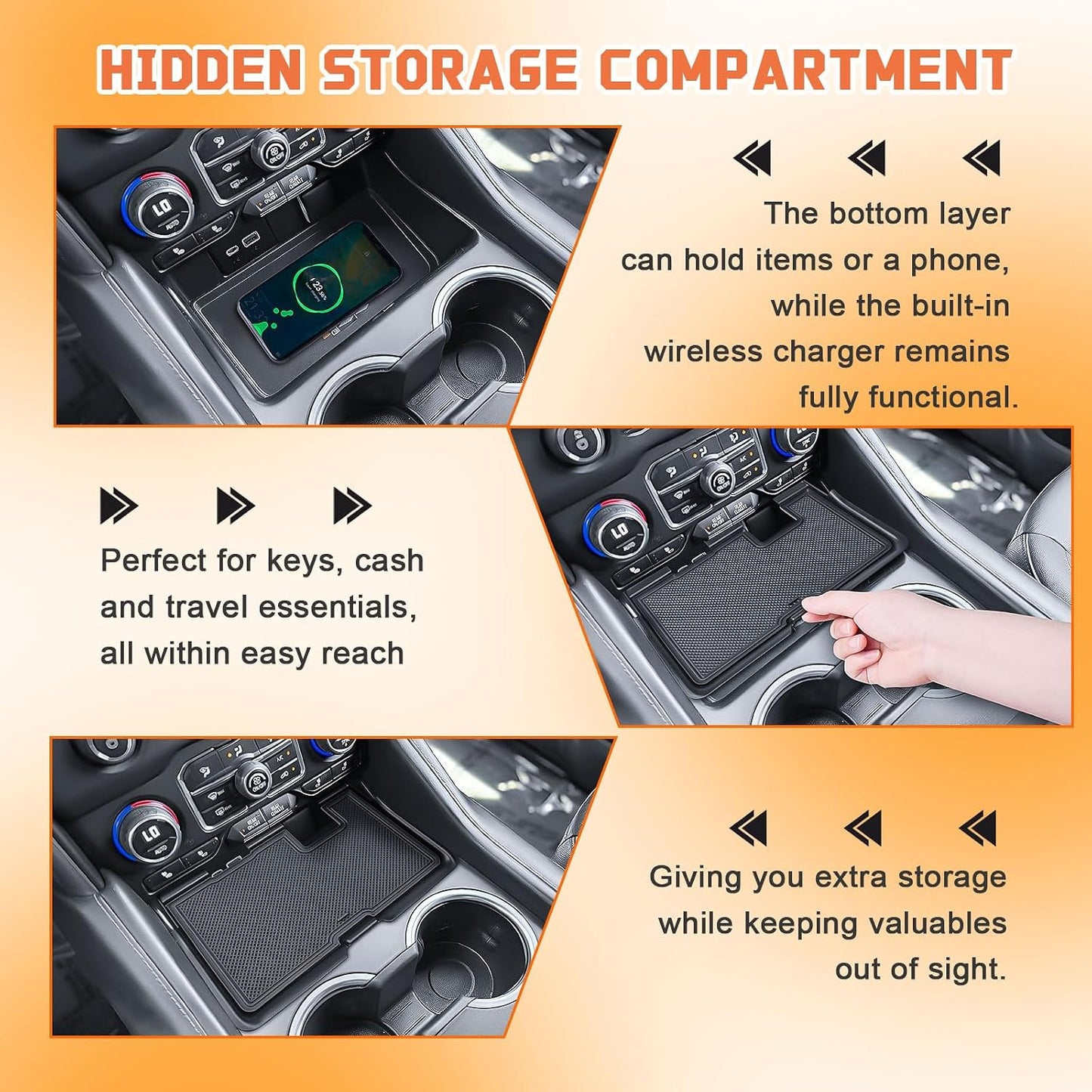 Center Console Tray for 2021-2024 Chevy Tahoe/Suburban/GMC Yukon | Hidden Compartment Cover Organizer, Extra Storage with USB Hole, Not for Yukon Denali/Ultimate, Not for 2025 Models