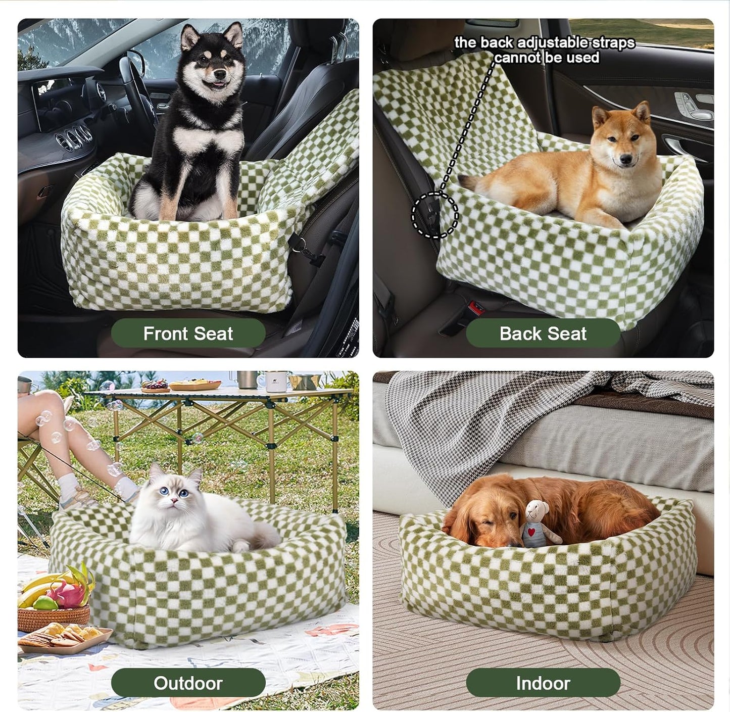 Dog Car Seat for Small Dogs,Medium Dog Car Bed with Detachable Washable Cover,Pet Puppy Booster Cars Seats with Safety Belt Up to 30 lbs(Grid Green)
