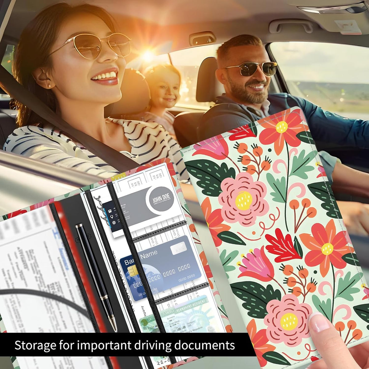 Premium Car Registration and Insurance Card Holder, Cute PU Leather Car Document Holder, Vehicle Glove Box Car Organizer with Magnetic Closure for Driver License, Cards Bright Exotic Floral