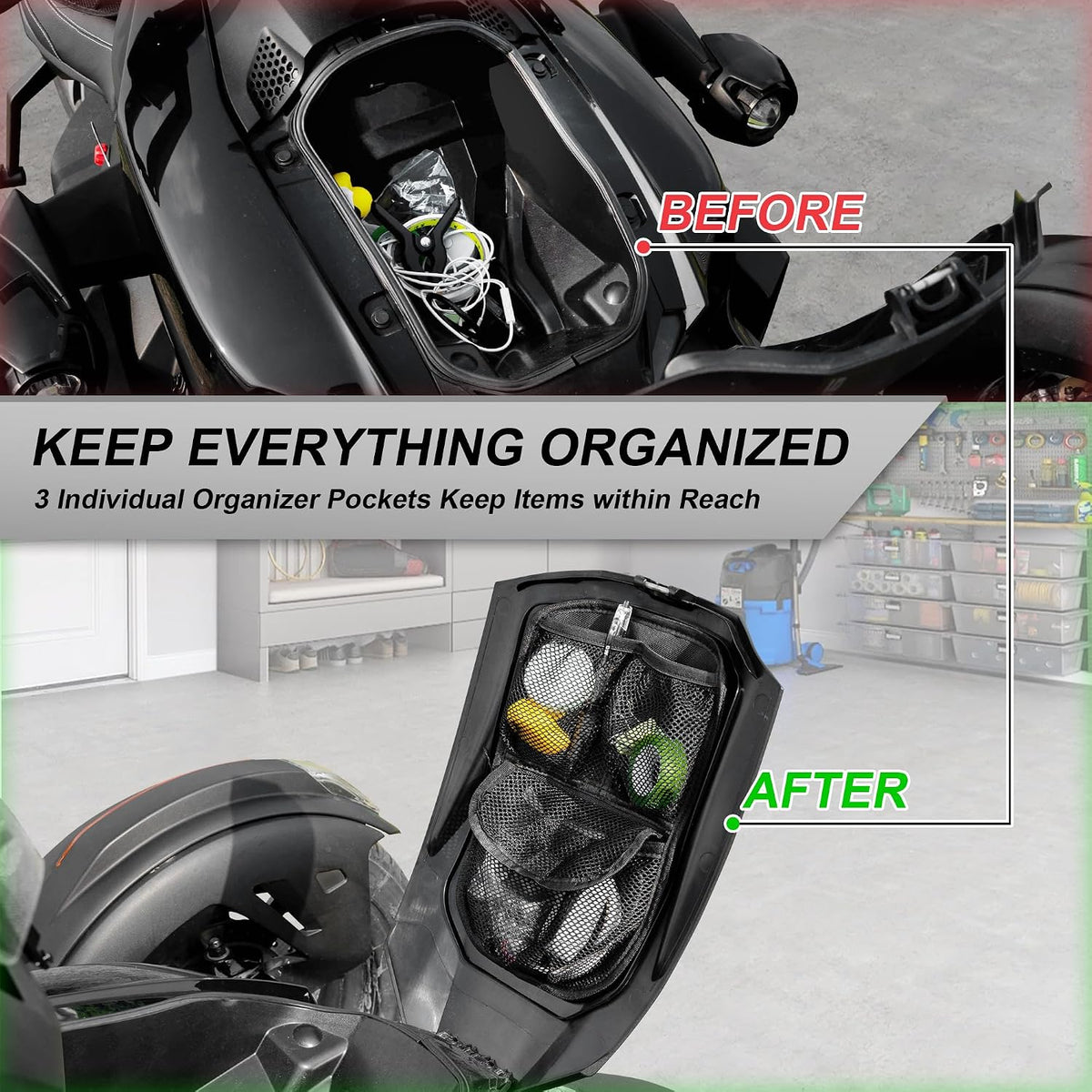 Front Trunk Lid Storage Organizer Fit for Can-Am Ryker 600 900 / Rally Edition/Sport（2015-2025) | Removable 3-Pocket Storage Bag (Black String)