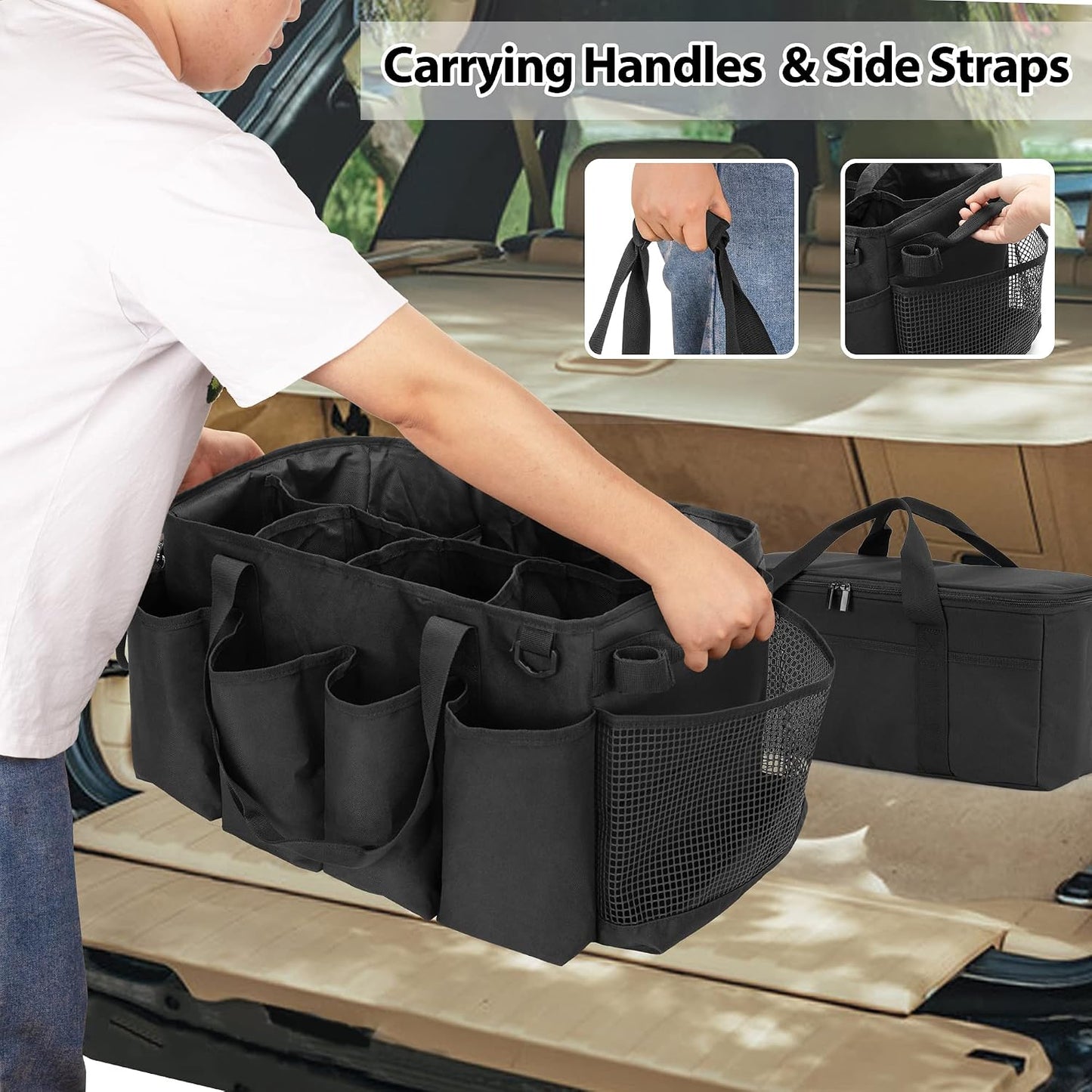 HODRANT Detailing Bag with Polisher Carry Bag, Large Detail Car Care Box for Auto Detailing Supplies, Car Wash Caddy & Trunk Organizer for Buffer Bottle Towel & Cleaning Kit, Black, Patent Design