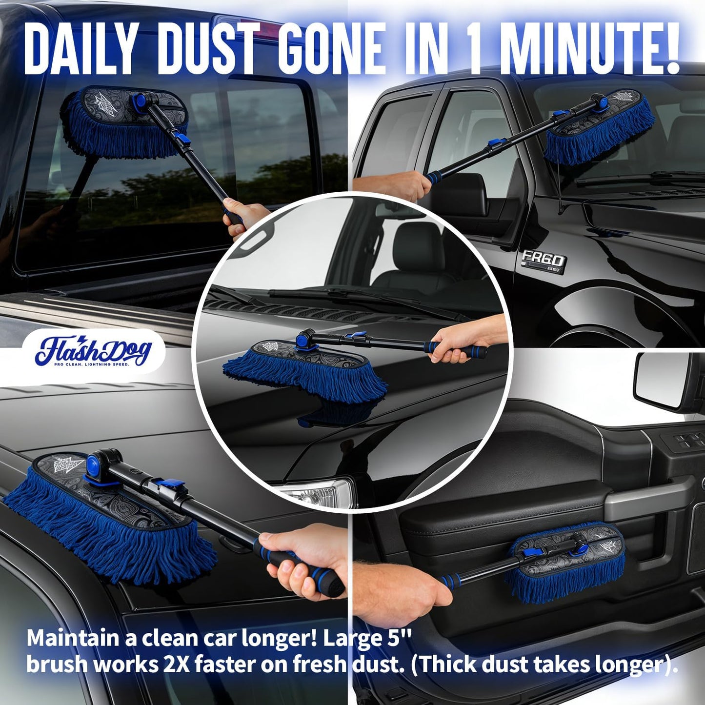 Flash Dog Car Duster Exterior with Car Duster Interior | Wax Cotton Hair Scratch Free Cleaning for Cars, SUVs, Trucks | Waterless Dust Remover &amp; Detailing Brushes Set with Storage