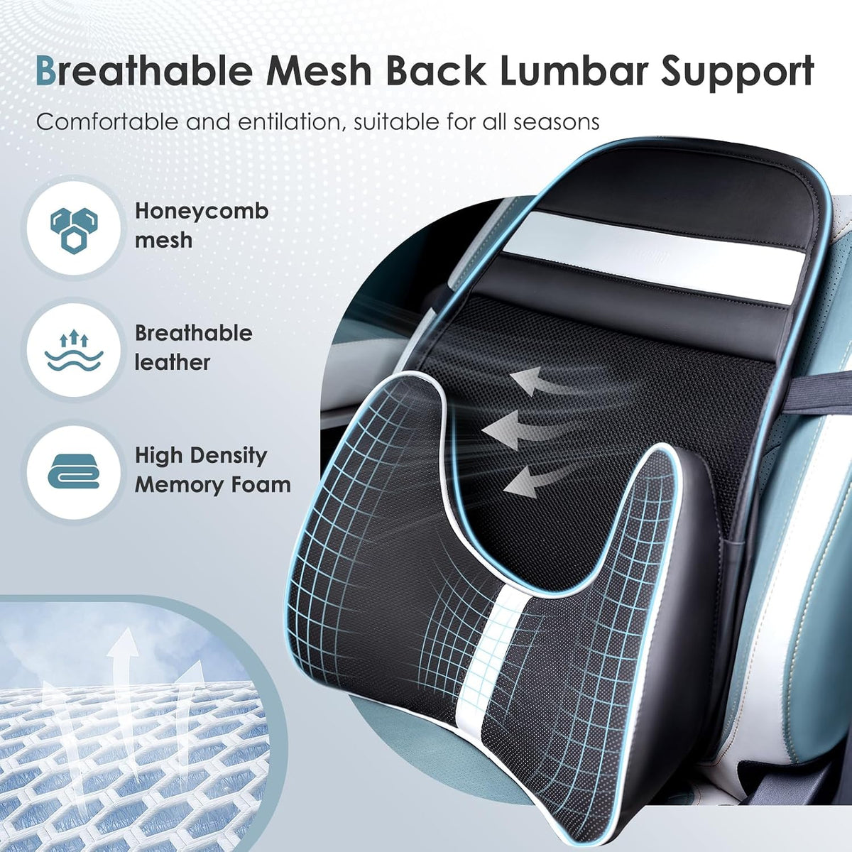 FLORICH Memory Foam Double Layer Breathable Mesh Lumbar Support Ergonomic Leather Lumbar Support Pillow with 3D Mesh Back Support and Adjustable Strap for CarSeat & Office Chair(Leather Black)