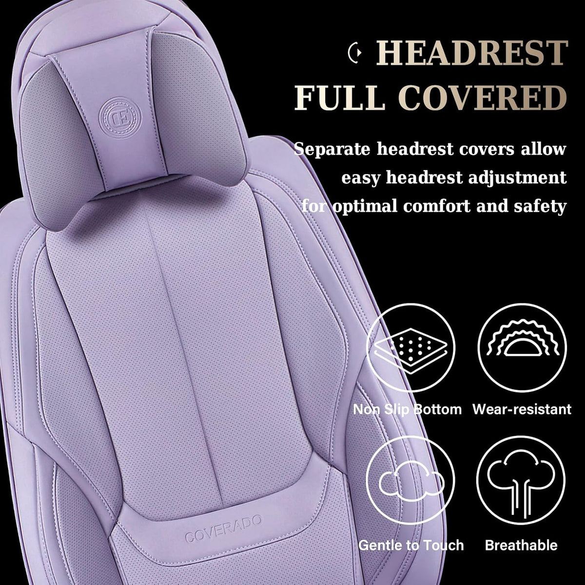 Coverado Universal Seat Covers Front, 2-Pack Universal Seat Covers for Cars, Waterproof Nappa Leather Car Seat Covers with Head Pillow, Auto Protectors Fit for Most Sedans SUV Pick-up Truck-Purple