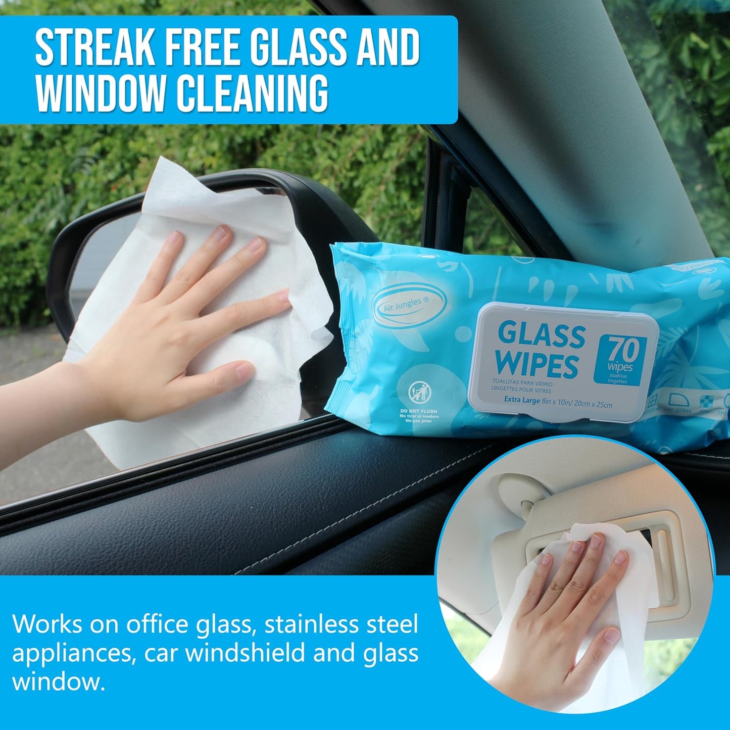 Air Jungles Glass &amp; Window Cleaner Wipes 70 Count, XL 8x10 Inch | Ammonia-Free, Streak-Free, Safe For Car Windshield, Headlight, Mirror, Tile &amp; Home Glass, Removes Fingerprints, Dust, Dirt