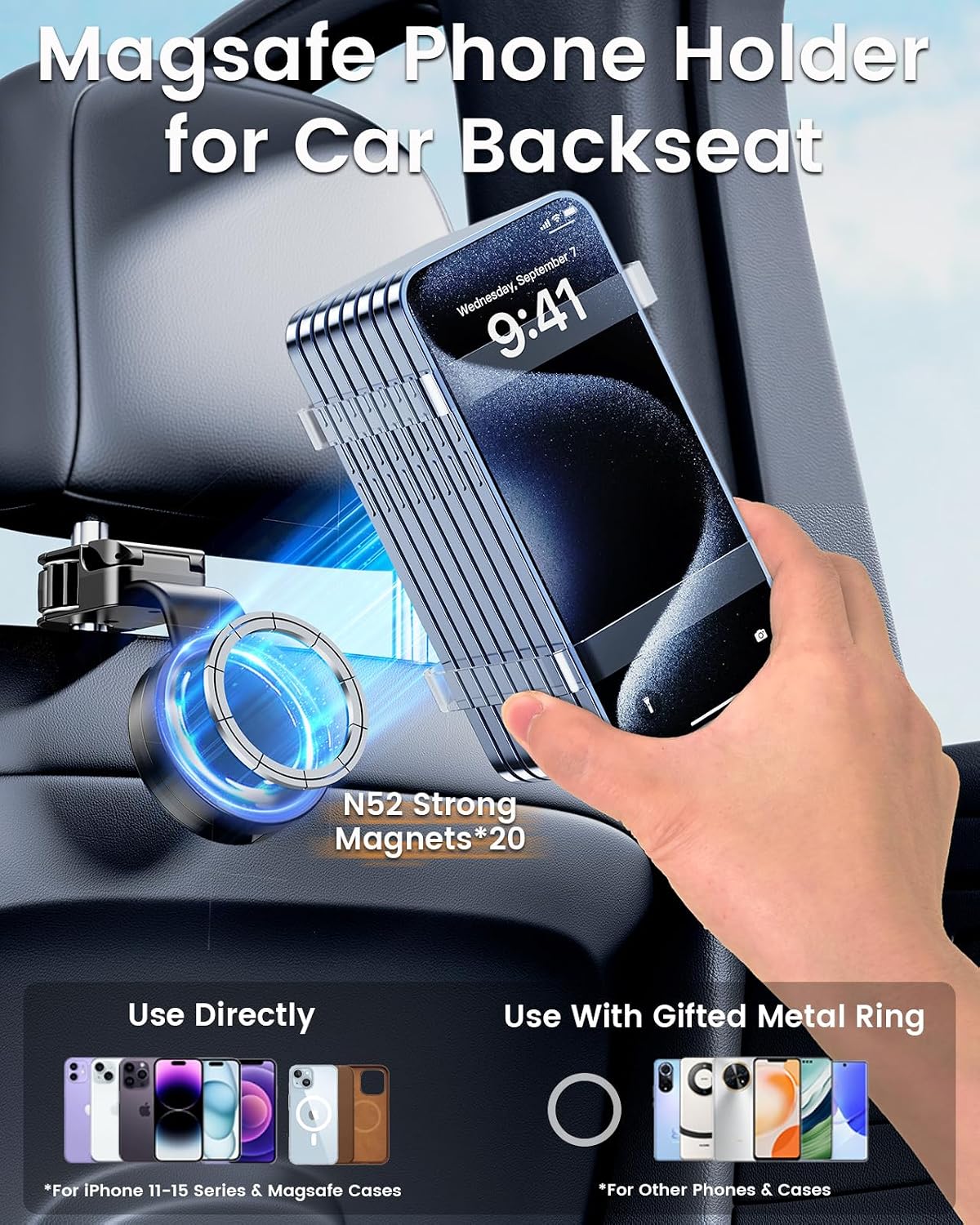 Magsafe Phone Holder for Backseat with 3 Hidden Storage Hooks