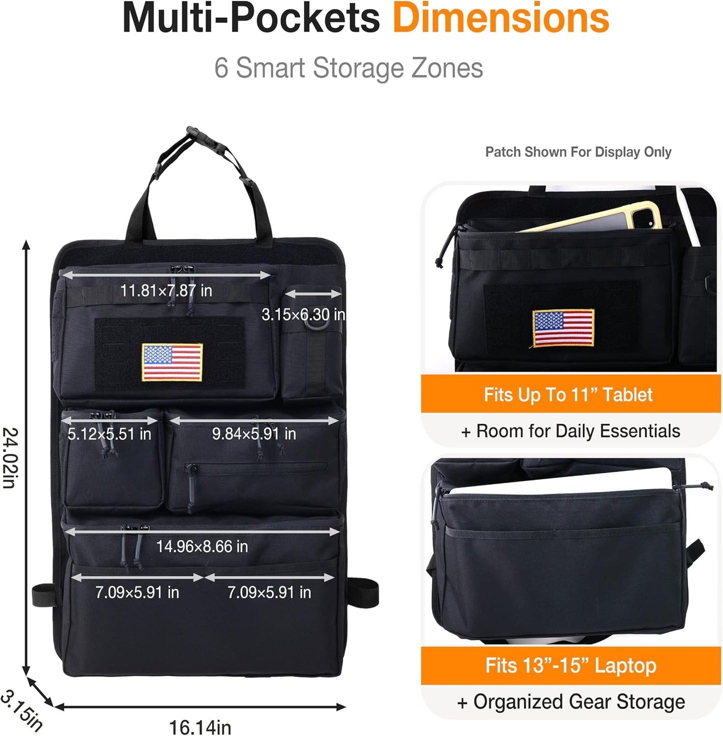 Tactical Car Seat Back Organizer, 600D Nylon MOLLE Seat Organizer with 6 Pockets, Hook and Loop Panel, Universal Fit for Car SUV Truck Jeep, Black