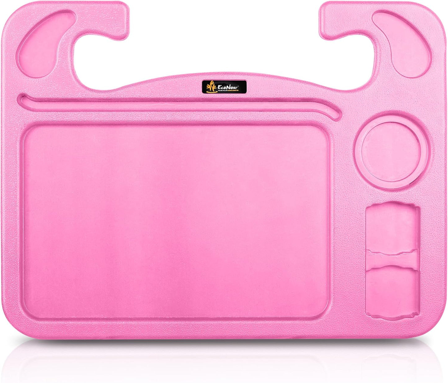 EcoNour 4 in 1 Car Steering Wheel Tray - 2024 Upgraded Pink Tray with Dual Sauce Dip Holder and Tablet Holder | Spacious Steering Wheel Desk for Food and Laptop | Car Accessories (Large)