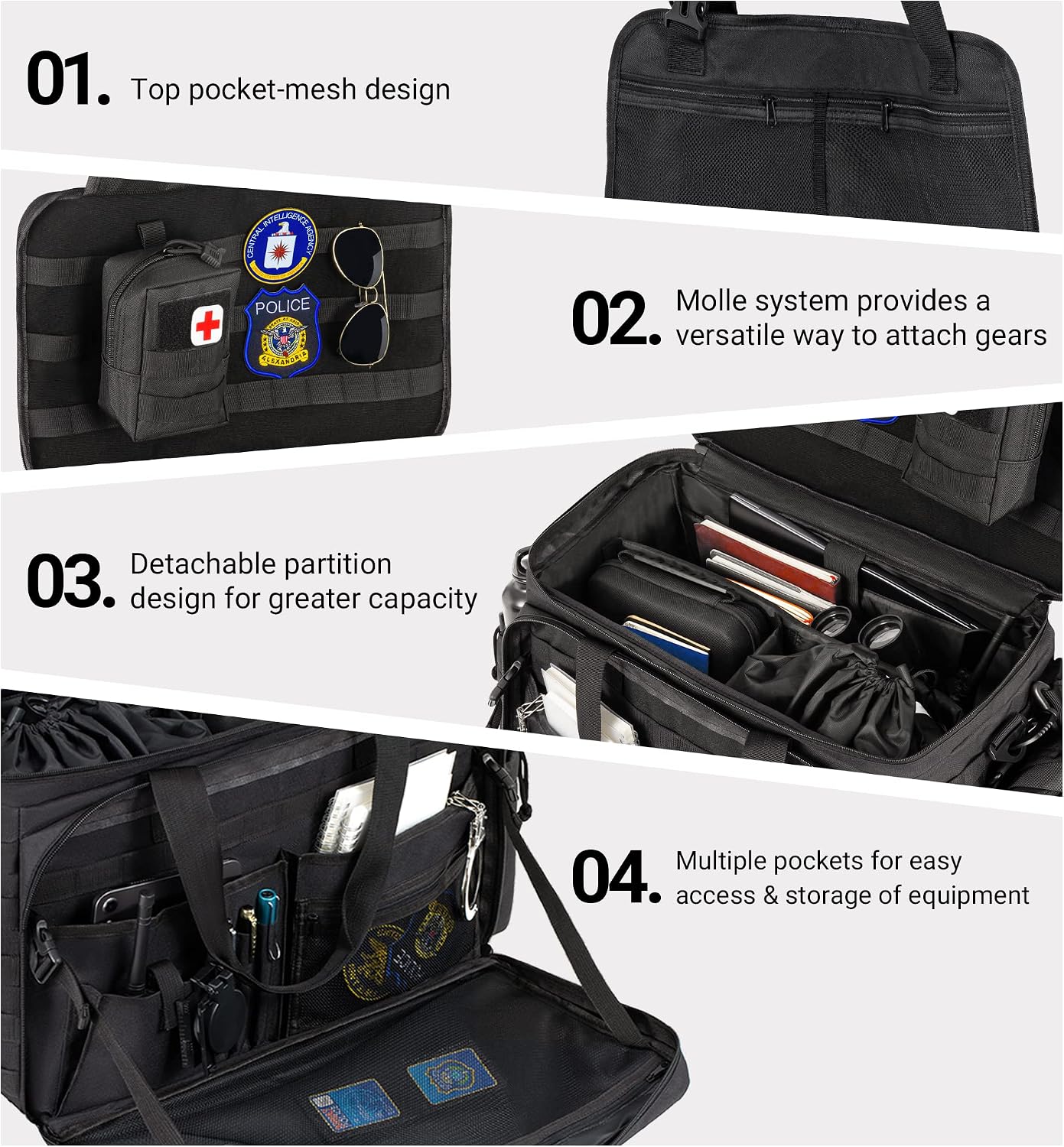 Golkcurx Patrol Bag for Law Enforcement Police Gear, Water-resistant, Black | Heavy Duty Police Duty Bag, Front Seat Organizer, Adjustable Modular Interior, MOLLE System, for Patrol Officers Security