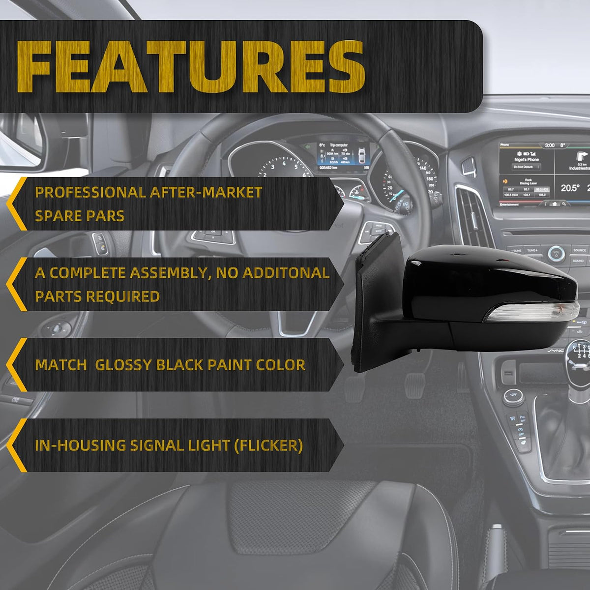 Dasbecan Left Side Mirror Compatible with 2012-2014 Ford Focus Black 5Pins