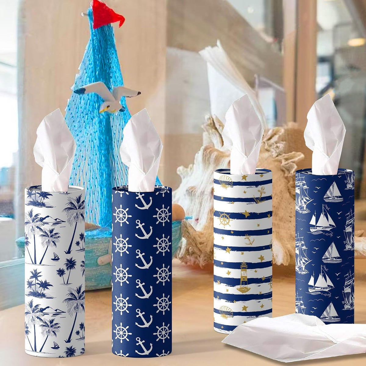 4 Pcs Nautical Round Tissues Box Car Holder Set with Facial Tissue Bulk Nautical Travel Tubes for Car - 50 Sheets Cylinder Face Towel Containers Fit for Cup Holder Round Storage for Car, Travel