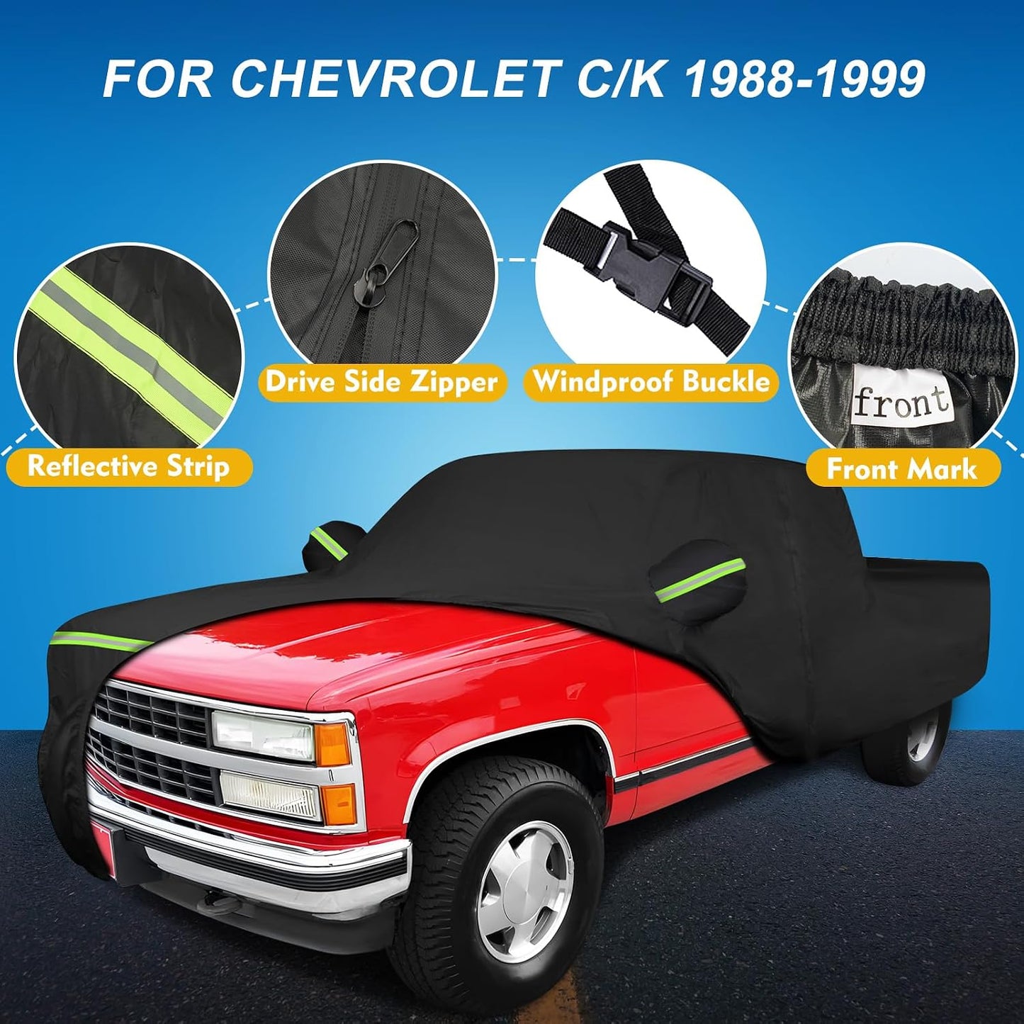 QUNSUNUS Waterproof Truck Cover for Chevrolet C/K 1500/2500/3500 1988-1999, Outdoor Truck Cover with Zipper, Full Exterior Car Covers for Automobiles All Weather with Wind, Sun, UV and Dust Protection