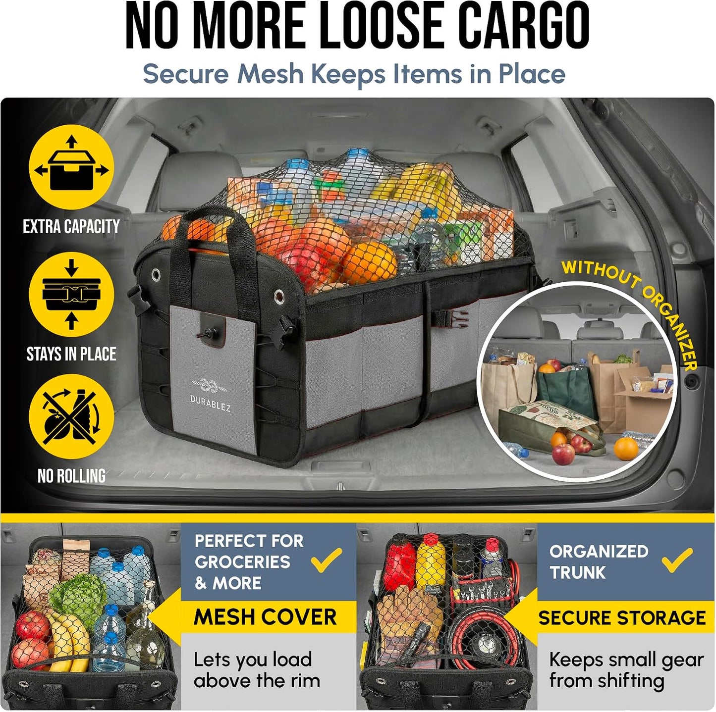 Compact Car Trunk Organizer 2-Section – Grocery, Tools, Cleaning Supplies Storage – Foldable Dual-Compartment Cargo Bin with Cover Net – Gray