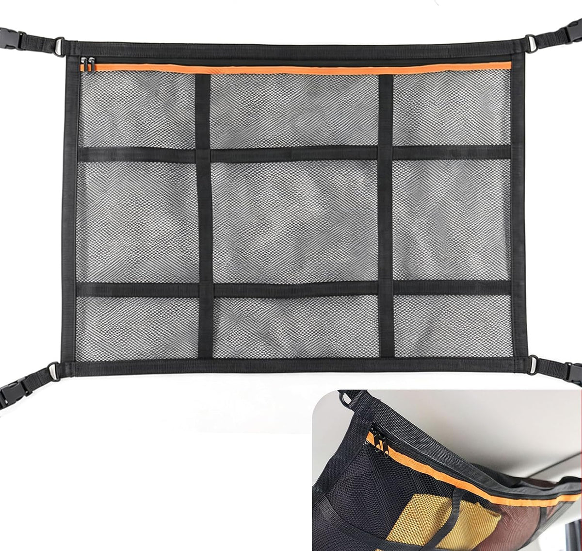 Double-Layer Car Ceiling Cargo Net, 31.5"x21" Heavy Load Car Roof Storage Organizer, Heavy Duty Roof Mesh, Fit for SUV Van Camping Road Trips, Van Life Essentials (Black)