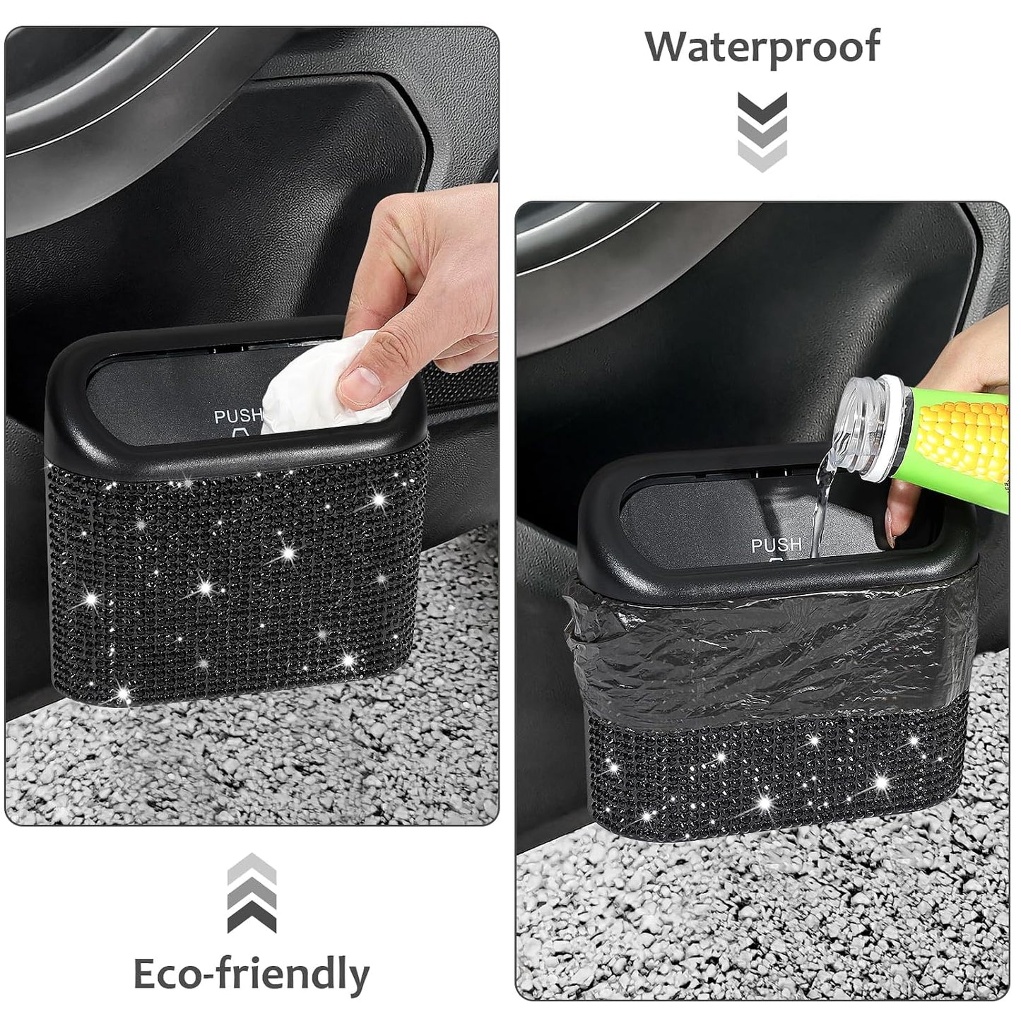 Accmor 2 Pack Bling Car Trash Can with Lid, Small Garbage Can, Auto Garbage Storage Bin with 90pcs Garbage Bags, Sparkling Crystal Trash Bags Holder for Car, Home, Office Storage (Black Rhinestone)