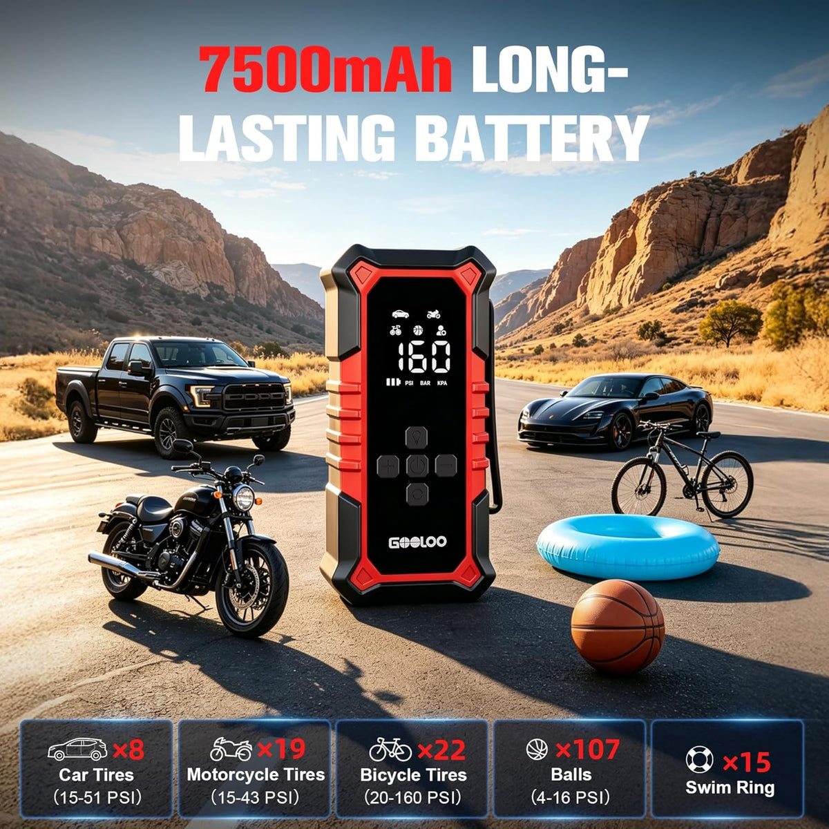 GOOLOO A6 Gear 160 PSI & 7500mAh Tire Inflator Portable Air Compressor